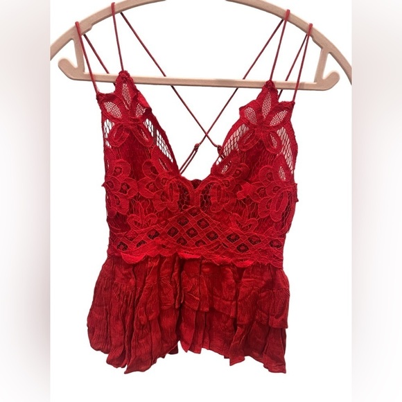 Free People Tops - Free People Adella Cami Tank Top Embroidered Lace Crochet Red XS Extra Small NWT